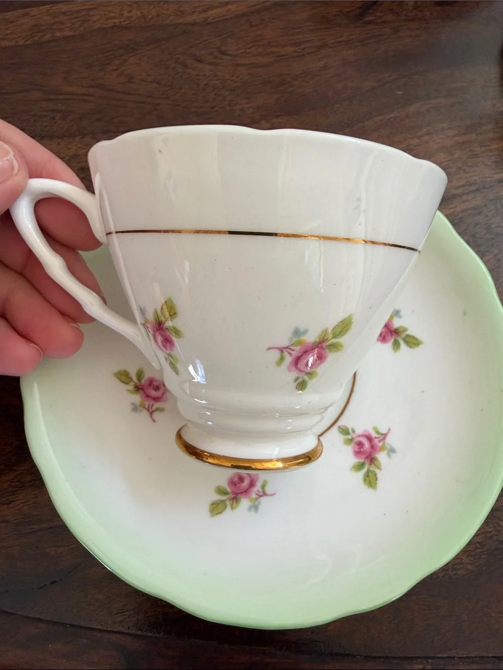 Royal Stafford Vintage Green Rim Floral Teacup and Saucer - Elegant Bone China